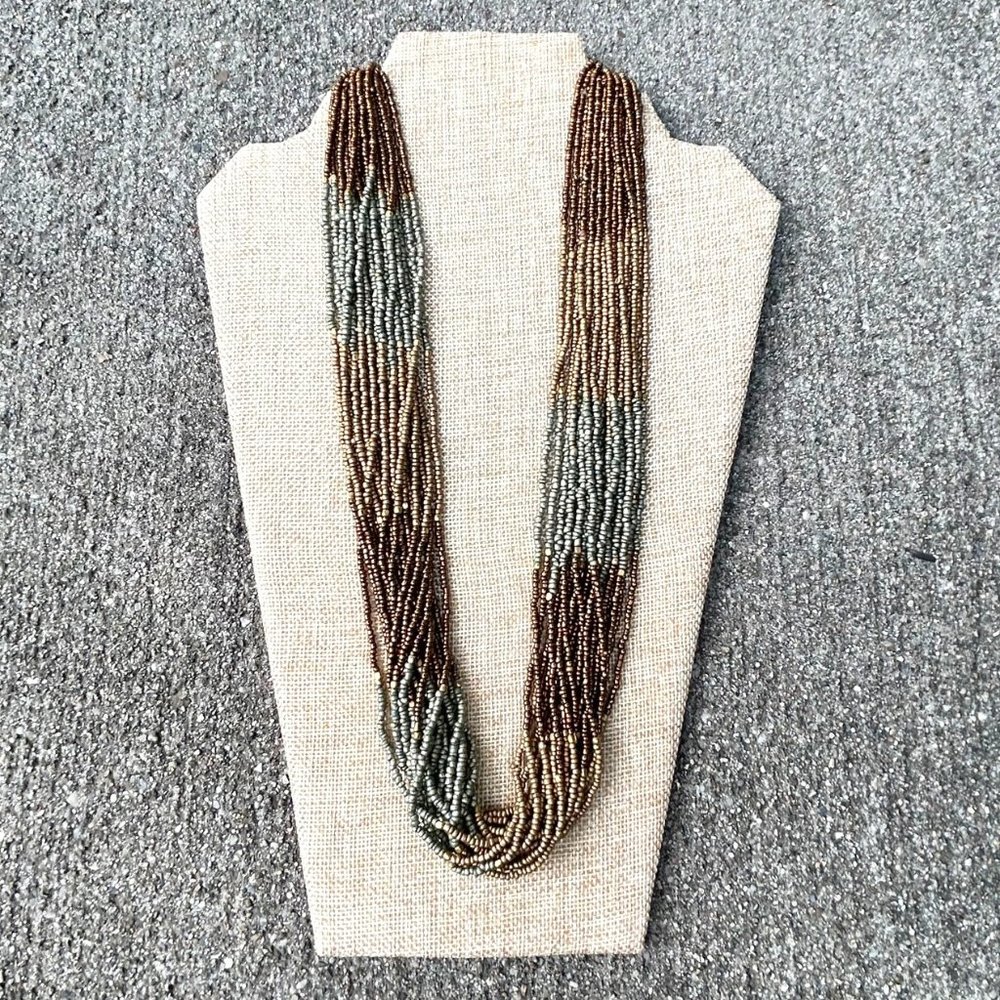 Green, Tan and Brown Glass Seed Beaded Necklace